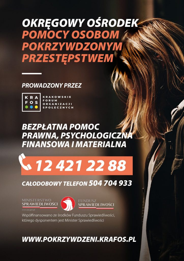 Plakat z napisem Pokrzywdzonym przestępstwem i numerami telefonów