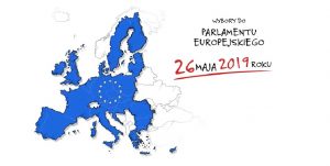 Mapa Europy z informacją, że 26 maja 2019 roku odbywają się wybory do Parlamentu Europejskiego