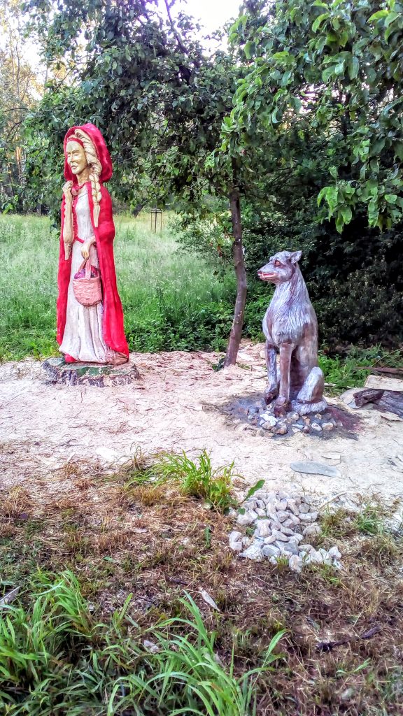 Wyrzeźbiony z pnia starego drzewa Czerwony Kapturek i wilk.