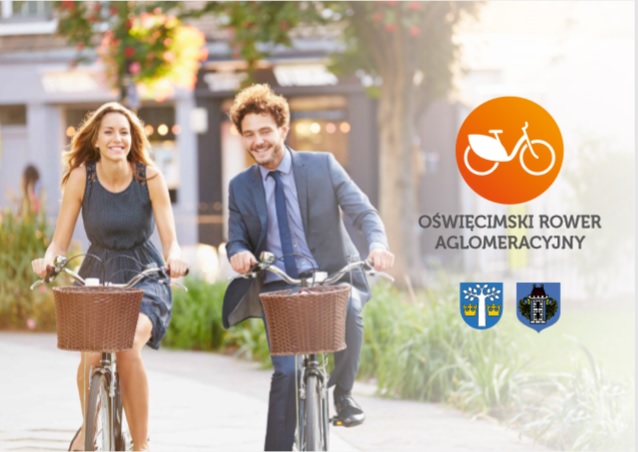 Na zdjęciu widać kobietę i mężczyznę na rowerach. Z boku napis Oświęcimski Rower Aglomeracyjny i herb miasta i gminy Oświęcim