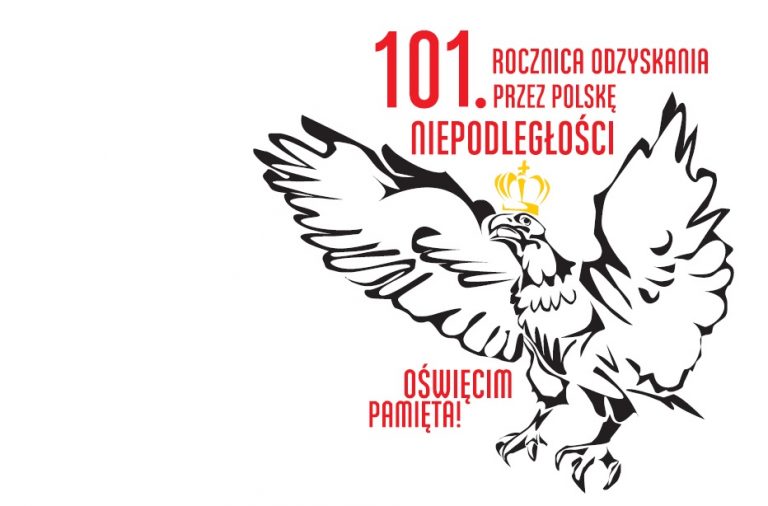 Plakat na którym widać orła w koronie i napis 101. rocznica odzyskania prze Polskę niepodległości