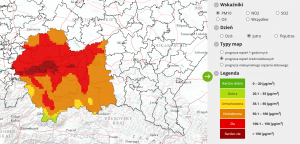 Mapa obrazująca prognozowane zanieczyszczenie powietrza PM10