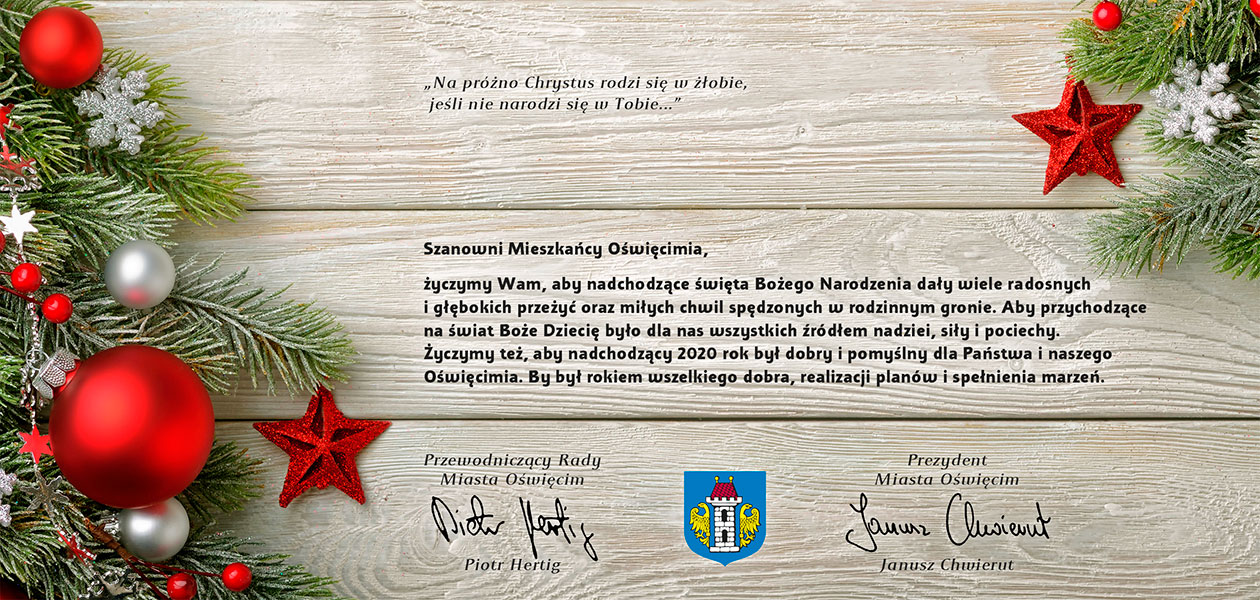 Kartka z życzeniami świątecznymi od prezydenta i przewodniczącego Rady Miasta