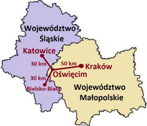 Schemat prezentujący położenie miasta Oświęcim