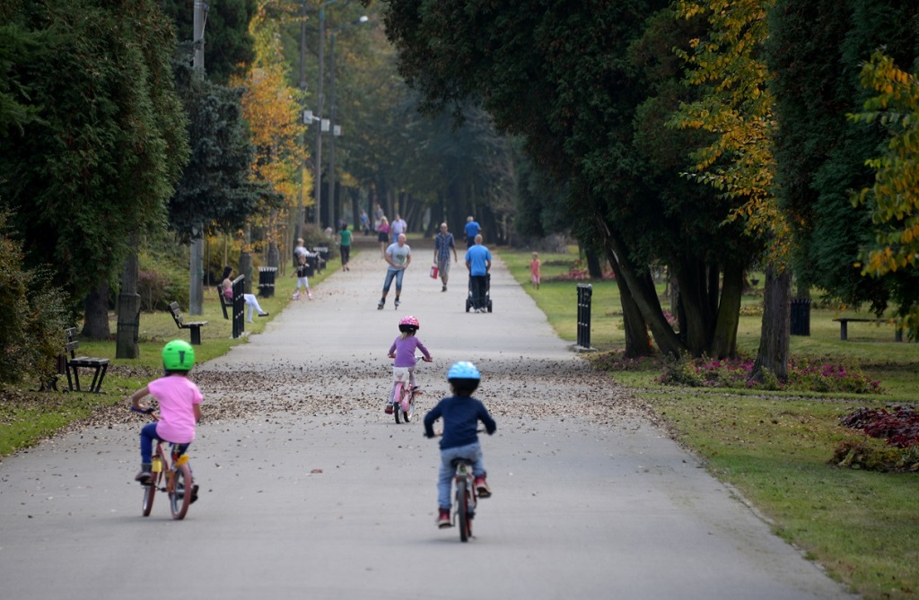 Aleja spacerowa wśród przyrody. Dzieci na rowerkach. Dorośli spacerujący lub na rolkach. Dużo zieleni.  