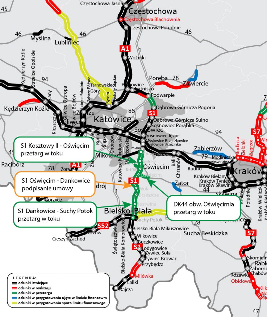 Mapka przebiegu S1 od Mysłowic do Bielska-Białej