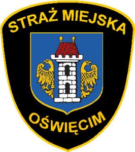 Logo Straży Miejskiej w Oświęcimiu. Na czarnym tle herb miasta i napis Straż Miejska Oświęcim
