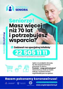Plakat z informacją o pomocy dla osób powyżej 70 roku życia