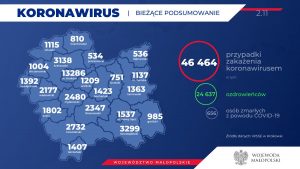 Grafika. Koronawirus. Dane o liczbie zakażonych w poszczególnych powiatach Małopolski