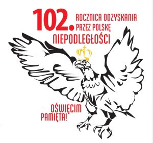 Orzeł z koroną na głowie i napis: 102. rocznica odzyskania przez Polskę niepodległości