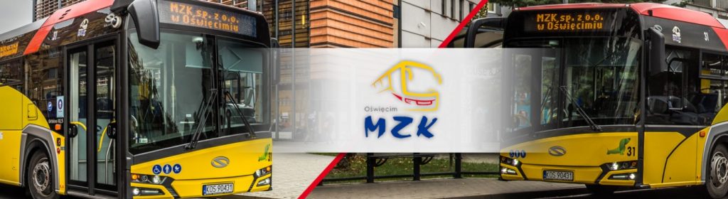 Autobusy w kolorze żółto-czerwonym. Na środku logo MZK