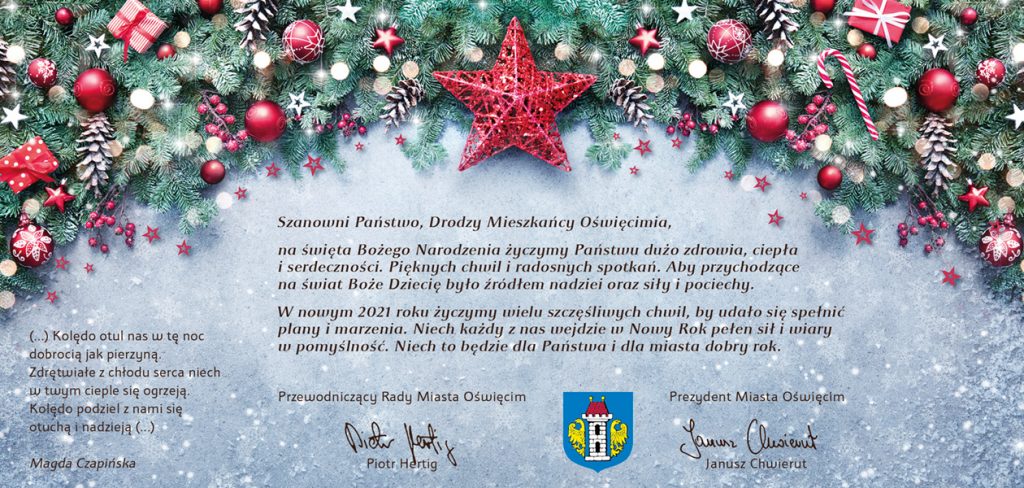 Kartk z akcentem świątecznym i życzeniami prezydenta miasta i przewodniczącego Rady Miasta