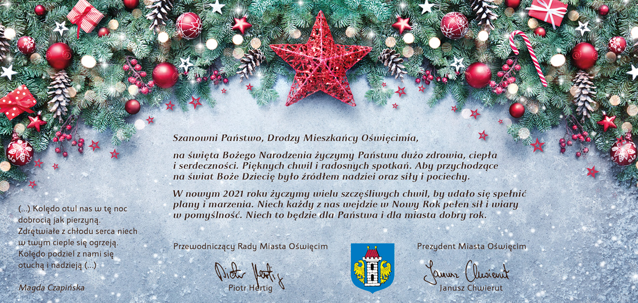 Kartk z akcentem świątecznym i życzeniami prezydenta miasta i przewodniczącego Rady Miasta 