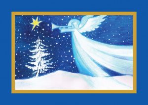 Kartka świąteczna. Anioł w białą śnieżna noc gra na trąbie