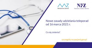 Słuchawki lekarskie z napisem Nowe zasady udzielania porad lekarskich od 16 marca