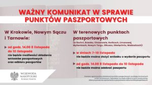 Oświęcim. Od 7 do 10 listopada nie będzie można złożyć wniosku w Punkcie Paszportowym w Oświęcimiu. Od 8 do 10 listopada nie odbierzemy też paszportu