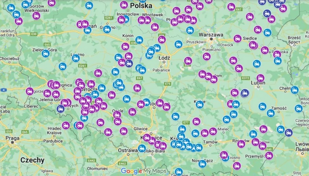 Mapa z miejscami protestu rolników