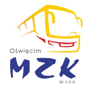 Logo MZK Żółty autobus z czerwonymi elementami, napis Oświęcim i MZK sp. z o.o.