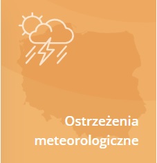 Na pomarańczowym tle mapa Polski z chmurami, słońcem i burzą. Napis ostrzeżenie meteorologicznie
